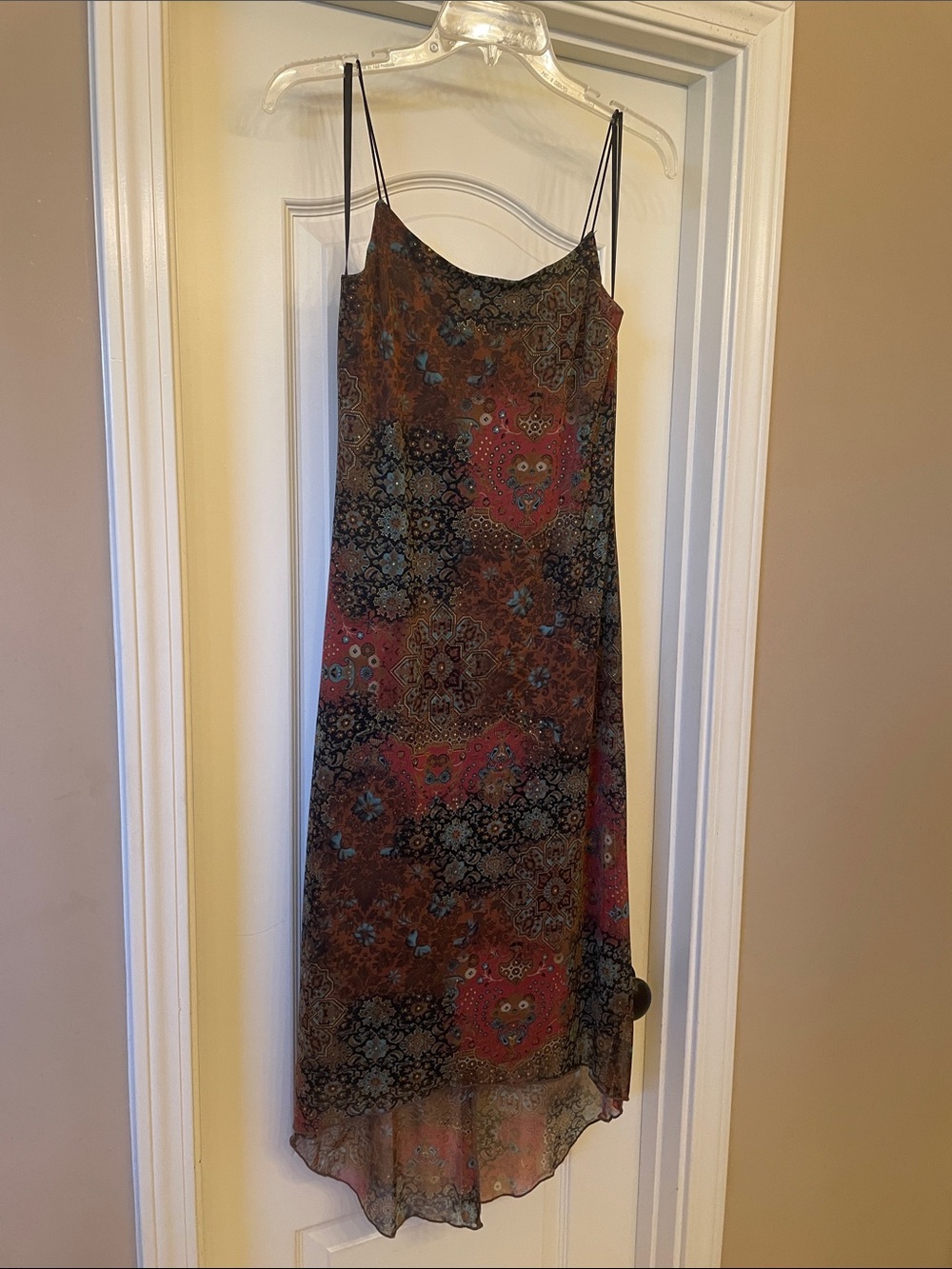 Paisley-Print High-Low Slip Dress in Brown and deep red